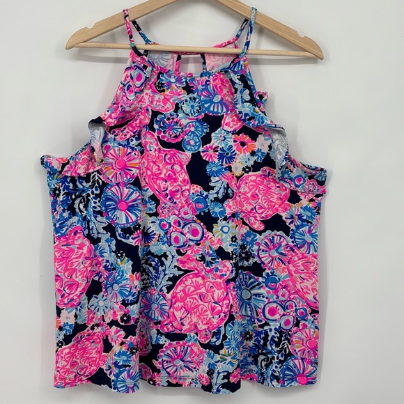 Lilly Pulitzer Billie high tide turtle print Halter Neck tank Top Large Ruffle - Picture 3 of 10